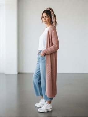 Long Hippie Rose Dusty Pink Knit Cardigan